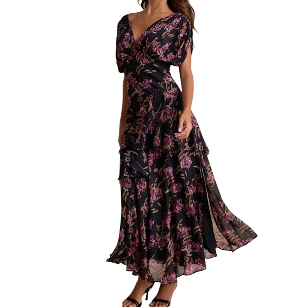 NWT Lulus Wrenna Black Floral Gathered Tiered Maxi Dress L Formal Party Dolman